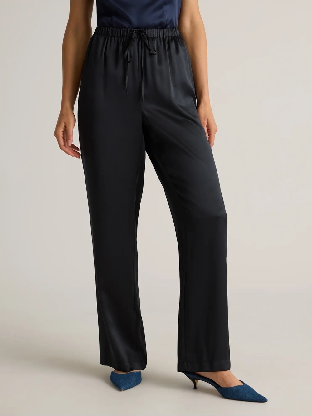 Quince Black 100% Silk Wide-Leg Drawstring Pants